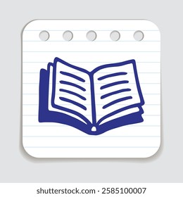 Doodle open book icon hand drawn with blue pen on a notepaper