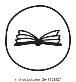 Doodle open book icon hand drawn with black line in freehand style. Vector illustration isolated on white background
