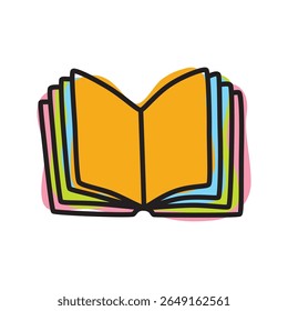 Doodle open book icon hand drawn with thin line and colorful blob isolated on white background. Vector illustration