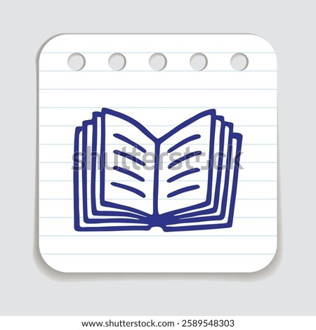 Doodle open book icon hand drawn with blue pen on a notepaper