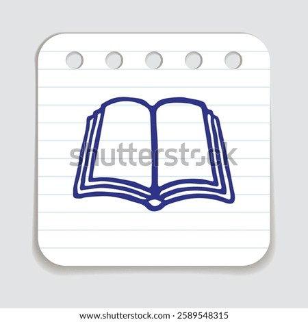 Doodle open book icon hand drawn with blue pen on a notepaper