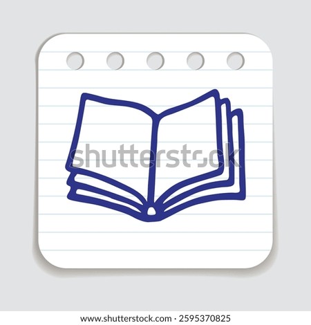 Doodle open book icon hand drawn with blue pen on a notepaper