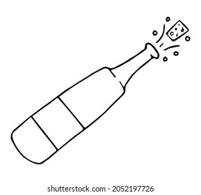 Doodle Open Bottle Of Champagne. Cute Vector Illustration Of Cork Flying From A Champagne Bottle. Fun Clipart For Celebration.