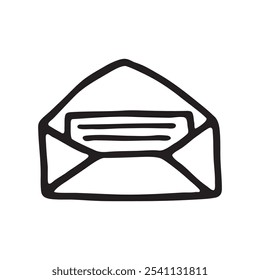 Doodle Open envelope with letter icon or logo, hand drawn with thin black line. Isolated on white background. Vector illustration