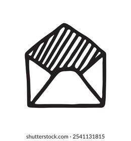 Doodle Abrir envelope com ícone de letra ou logotipo, mão desenhada com linha preta fina. Isolado no fundo branco. Ilustração vetorial