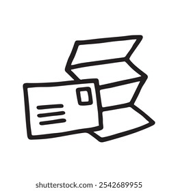 Doodle Open envelope with letter icon or logo, hand drawn with thin black line. Isolated on white background. Vector illustration