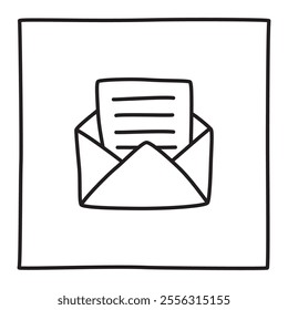 Doodle Open envelope with letter icon or logo, hand drawn with thin black line