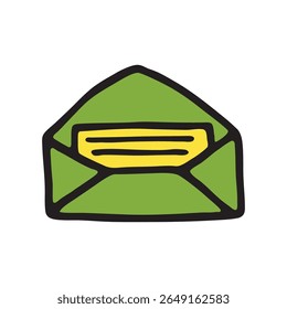 Doodle Open envelope with letter icon or logo, hand drawn with thin black line and colored. Isolated on white background. Vector illustration