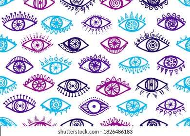 Doodle open eyes abstract seamless ornament. Sketch drawing style illustration. Makeup wrapping print design. Open eyes on white background ethnic endless pattern.