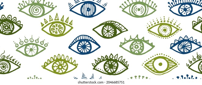 Doodle open eyes artistic endless pattern. Pop art graphic style illustration. Cosmetics wrapping print design. Open eyes with girly eyelashes modern repeatable ornament.