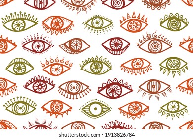 Doodle open eyes esoteric endless ornament. Pop art graphic style illustration. Fashion packaging vector design. Open eyes on white background hipster seamless pattern.