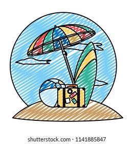 doodle open umbrella with beach ball and surfboard