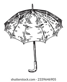 Doodle of open umbrella. Outline drawing of rainy weather accessory. Hand drawn vector illustration. Single clipart isolated on white background..