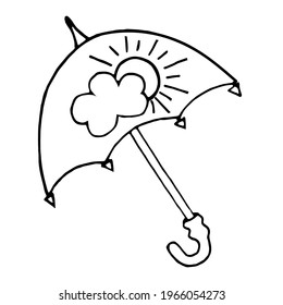 Doodle open umbrella with  print cloud and the sun on a white background.Vector umbrella can be used in textiles, postcards, and coloring pages.
