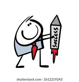 Doodle optimistic businessman holds a space rocket in his hands and launches it. Vector illustration a successful stickman gets things done. Cartoon people isolated on white background.
