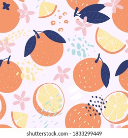 Doodle orange and abstract elements. Vector seamless pattern. Hand drawn illustrations.