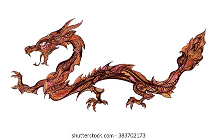 Doodle Orange Dragon Isolated on White Background