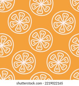 Doodle orange fruit seamless pattern. Orange background with white citrus cut, slice in line art cartoon style. Repeat vector illustration for orange taste products packaging, juice, kitchen textile