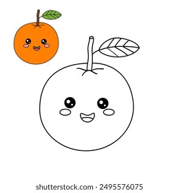 Doodle orange with leaf isolated vector. Coloring page orange fruit. Coloring orange fruit. Coloring book for kids. Cute cartoon orange coloring page for kids. Worksheet for kindergarten.