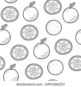 Patrón sin costuras Doodle naranja en blanco y negro. Fondo de fruta fresca en contorno. Ideal para tela, envoltura y embalaje de alimentos. Ilustración vectorial