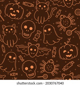 Doodle orange vector Halloween items seamless pattern