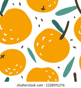 Doodle orange vector seamless pattern. Cute colorful background texture for kitchen wallpaper, textile, fabric, paper. Flat fruits background. Vegan, farm, natural food illustration