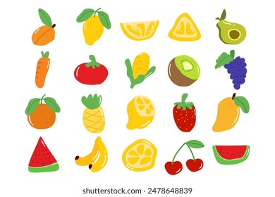 Doodle organic tomato, lemon, kiwi, strawberry, grapes, pineaple, manggo, orange, cherry, watermelon and Peach. Natural veggies and fruits. Healthy food isolated vector illustration icons set