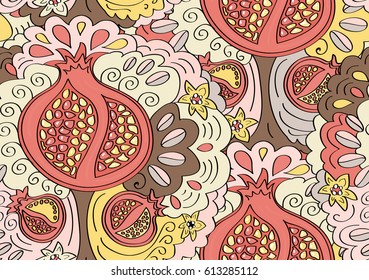 Doodle Oriental Floral seamless Pattern with decorative Pomegranate fruits, leaves, flowers. Vector illustration.