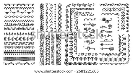Doodle ornament corner border. Decorative abstract lines with floral and ornamental elements and curves for framing graphic design. Vector sketch scribble border brushes set.