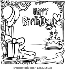 Doodle and Ornament drawing about happy birthday concept in black and white line art