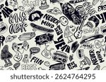 Doodle ornament with gaming, music, teenagers elements for sport school textile, wrapping paper. Monochrome print with game pad, pizza, street art graffiti words, guitar, rabbit, bear, skateboard