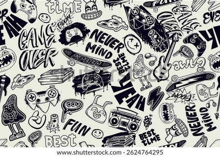 Doodle ornament with gaming, music, teenagers elements for sport school textile, wrapping paper. Monochrome print with game pad, pizza, street art graffiti words, guitar, rabbit, bear, skateboard