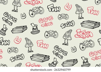 Doodle ornament with gaming teenagers elements. Monochrome print with gamepad, pizza, cartoon character, street art graffiti words. Lettering ornament for spot textile, wrapping paper.
