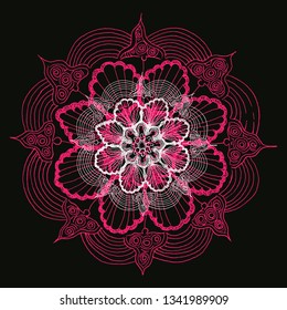 doodle ornament mandala star flower in red shades on black