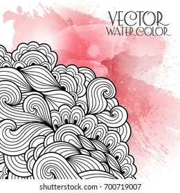 Doodle ornament with waves on vector watercolor texture. Abstract background with watercolour drops and strokes. Card template with curly lines