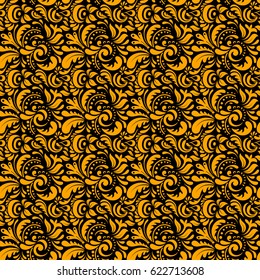 Doodle ornament in yellow colors on a black background. Vector seamless background. Colored patterns antique.