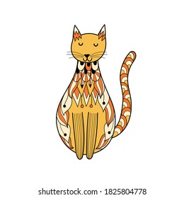 Doodle ornamental cat. Oriental feline character. Cute zentangle cat isolated element. Funny print for kids design. Vector illustration