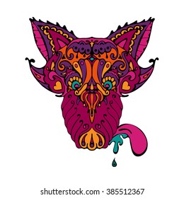 doodle ornamental wolf personage. Head wolf tattoo.T-shirt print design