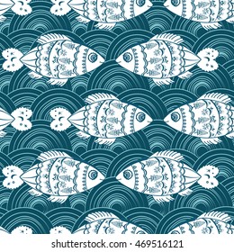 Doodle ornamented fish in ocean waves. Seamless pattern