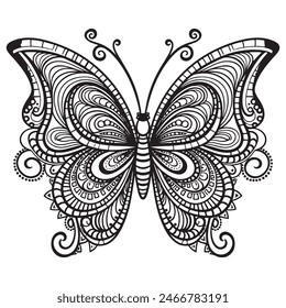 Doodle Ornate Butterfly, Adult Coloring Page Template. Vector illustration