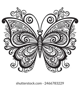 Doodle Ornate Butterfly, Adult Coloring Page Template. Vector illustration