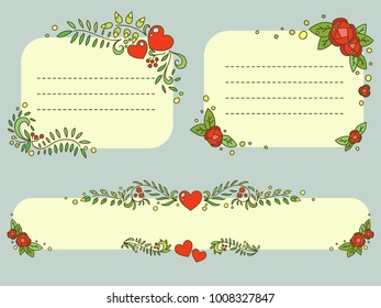 Doodle ornate floral Valentine's day frames set. Romantic vector elements for your design