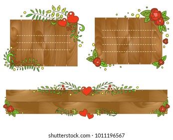 Doodle ornate floral Valentine's day frames with wooden background. Romantic vector elements for your design