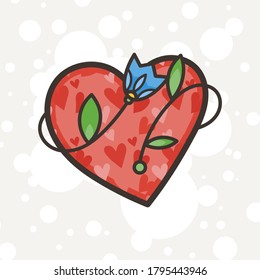 Doodle ornate heart emblem with flower. Logo for beauty studio, children books, kid and game design. Vector composition