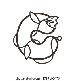 Doodle ornate letter emblem with flower. Logo for beauty studio, children books, kid and game design. Vector lettering composition for colorings