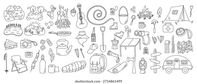 Doodle outdoor adventure camping set in outline style. Collection of hiking equipment and camp element for forest activities. Black line graphic perfect for camping and nature themed projects.