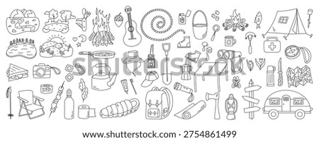 Doodle outdoor adventure camping set in outline style. Collection of hiking equipment and camp element for forest activities. Black line graphic perfect for camping and nature themed projects.