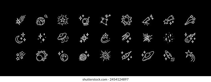 Doodle outer space cosmic icons set. Planets, constellation, spacecraft, rocket hand drawn linear illustration. Falling stars and comets. Alien ship. Astronomy science and astrology concept.