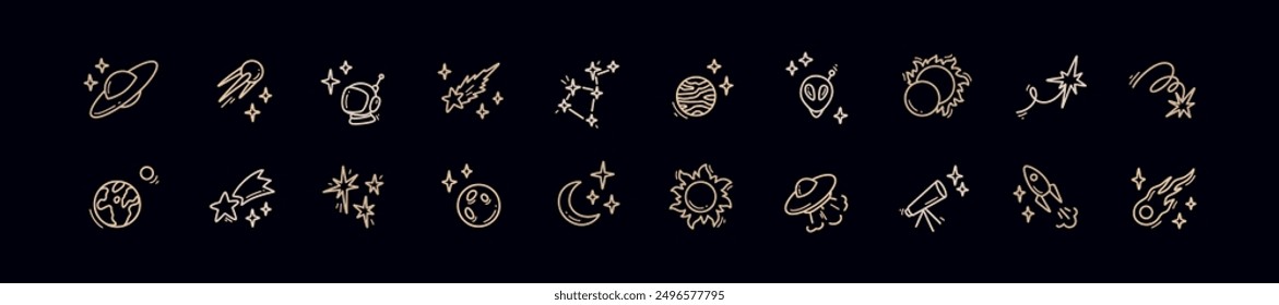 Doodle outer space cosmic icons set. Planets, constellation, spacecraft, rocket hand drawn linear illustration. Falling stars and comets. Alien ship. Astronomy science and astrology concept.