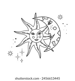 Doodle estampado en el espacio exterior en estilo boho caprichoso con caras de luna y sol. Sol y símbolos cósmicos de la media luna.  Ilustración vectorial para tarjeta, etiqueta engomada, impresión, página para colorear, tatuaje. Dibujo de niño esquematizado